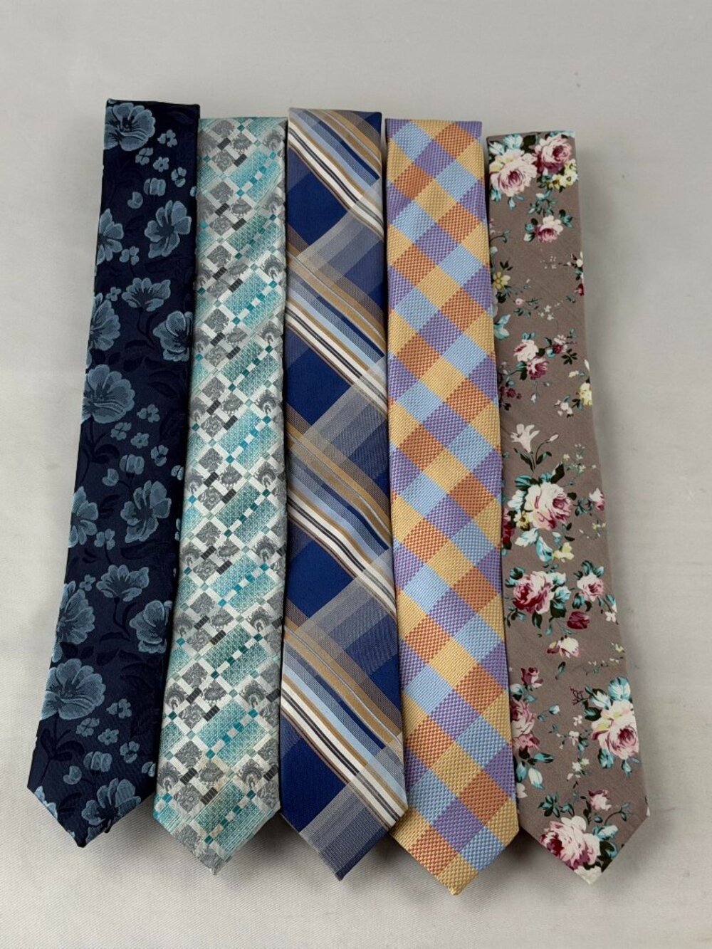 Lot of 5 Designs By DWAN Mens Neckties Silk Blue Floral Plaid Handmade Ties